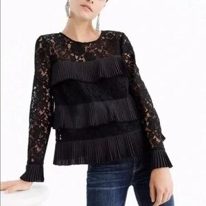 J. Crew Black Ruffle Pleated Lace Long Sleeve Top Size 2